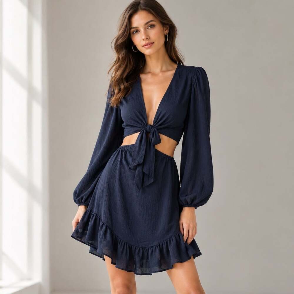 Showpo Navy Blue Tie Front Cut Out Long Sleeve Ruffle Mini Dress